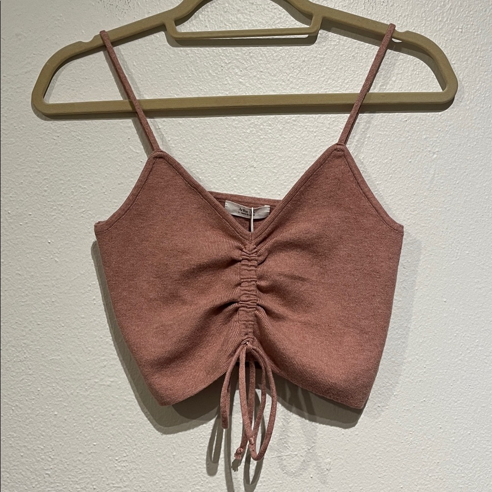 Active USA Knit Tank Top Camisole in Rose Pink Front Tie Ruching NWT